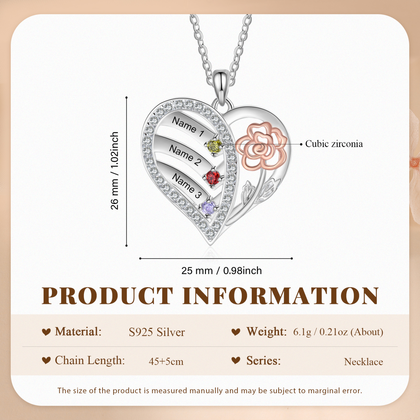 925 Sterling Silber Personalisierte 3 Namen & Geburtssteine Herz Rose elegante Damen Halskette mit Zirkonia