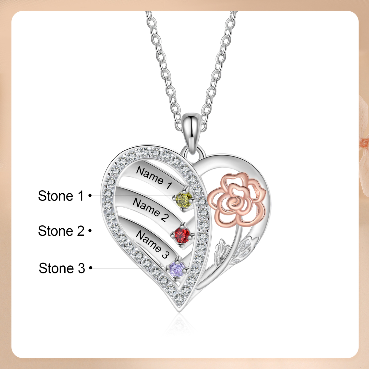 925 Sterling Silber Personalisierte 3 Namen & Geburtssteine Herz Rose elegante Damen Halskette mit Zirkonia 