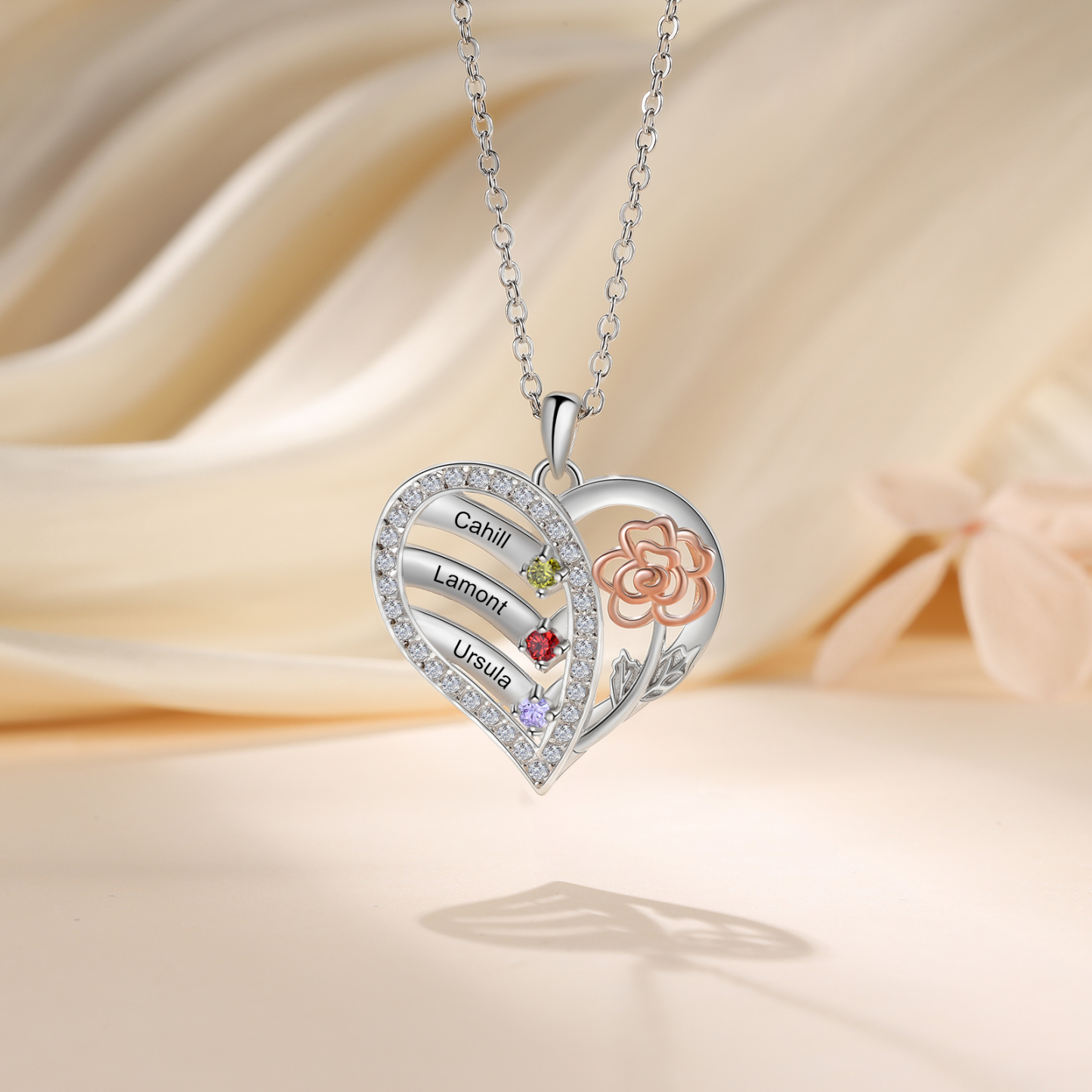 925 Sterling Silber Personalisierte 3 Namen & Geburtssteine Herz Rose elegante Damen Halskette mit Zirkonia 