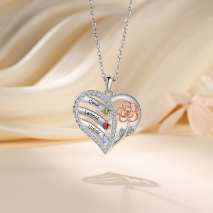 925 Sterling Silber Personalisierte 3 Namen & Geburtssteine Herz Rose elegante Damen Halskette mit Zirkonia 