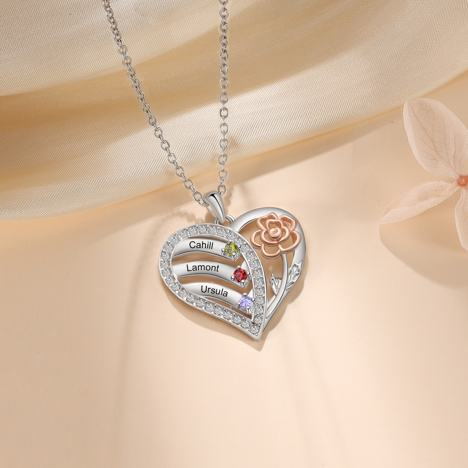 925 Sterling Silber Personalisierte 3 Namen & Geburtssteine Herz Rose elegante Damen Halskette mit Zirkonia 