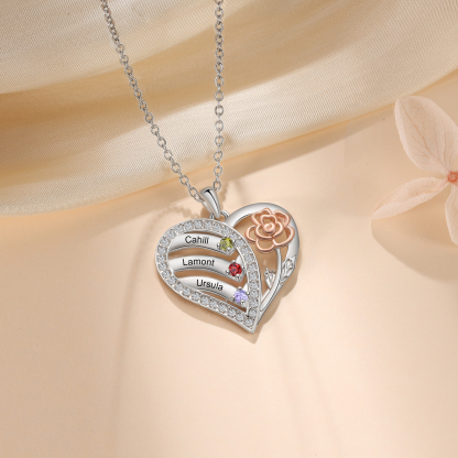 925 Sterling Silber Personalisierte 3 Namen & Geburtssteine Herz Rose elegante Damen Halskette mit Zirkonia 