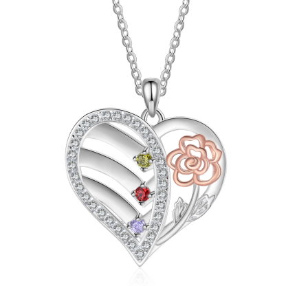925 Sterling Silber Personalisierte 3 Namen & Geburtssteine Herz Rose elegante Damen Halskette mit Zirkonia 