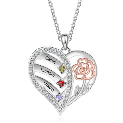 925 Sterling Silber Personalisierte 3 Namen & Geburtssteine Herz Rose elegante Damen Halskette mit Zirkonia 