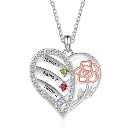 925 Sterling Silber Personalisierte 3 Namen & Geburtssteine Herz Rose elegante Damen Halskette mit Zirkonia 