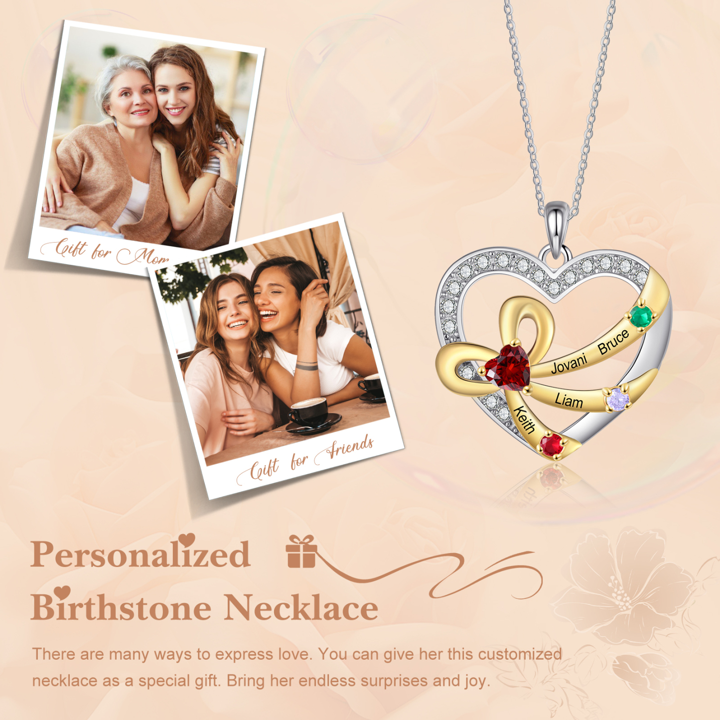 925 Sterling Silber Personalisierte 4 Namen & Geburtssteine Herz Schleife elegante Damen Halskette mit Zirkonia