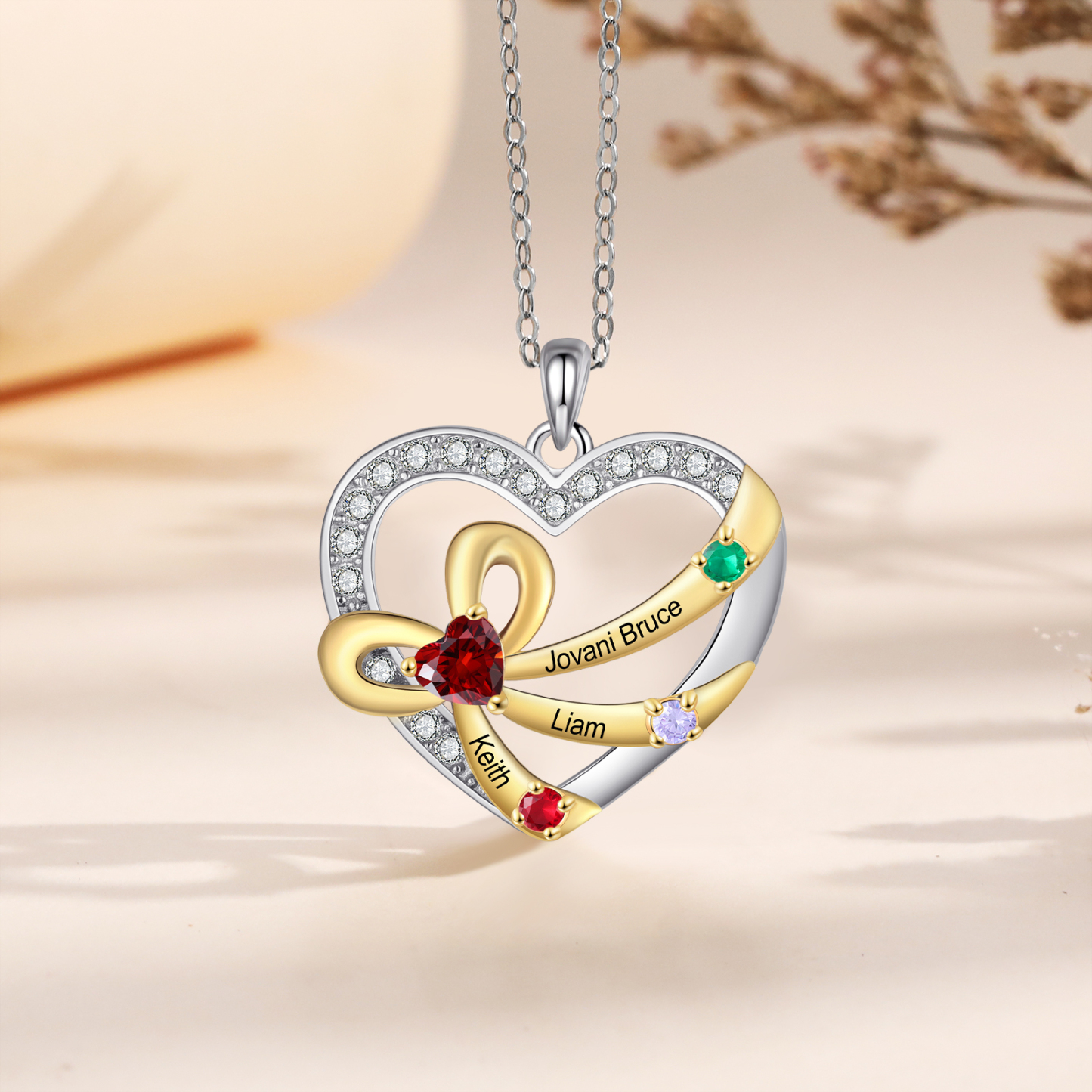 925 Sterling Silber Personalisierte 4 Namen & Geburtssteine Herz Schleife elegante Damen Halskette mit Zirkonia 