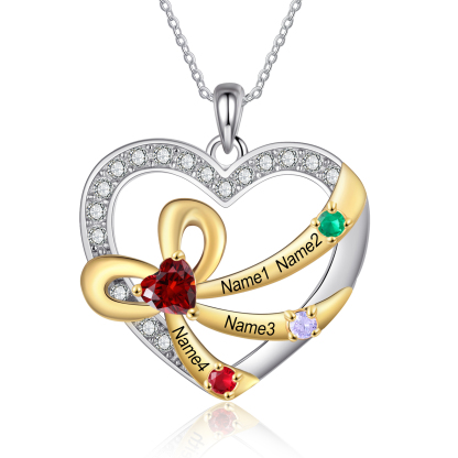 925 Sterling Silber Personalisierte 4 Namen & Geburtssteine Herz Schleife elegante Damen Halskette mit Zirkonia 