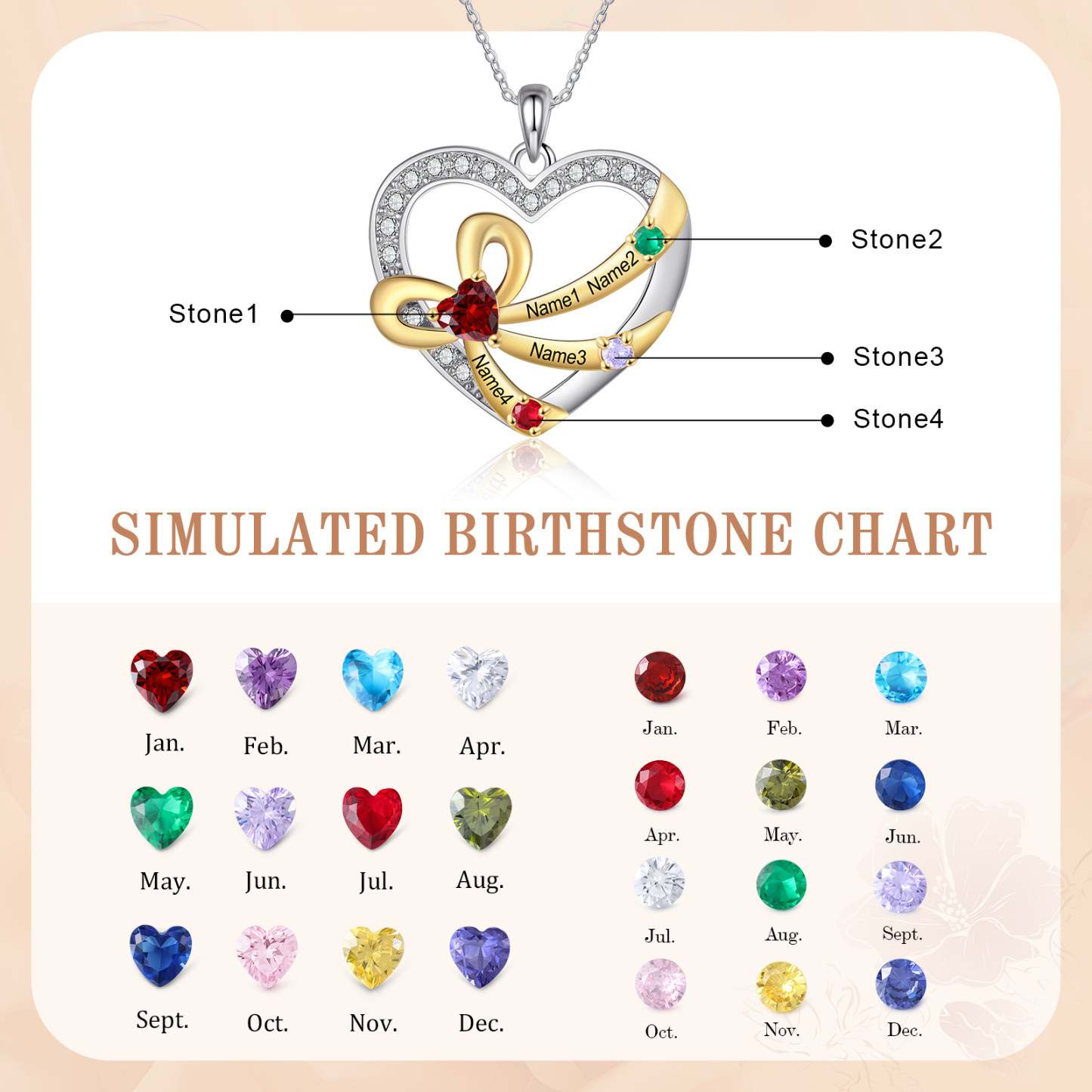 925 Sterling Silber Personalisierte 4 Namen & Geburtssteine Herz Schleife elegante Damen Halskette mit Zirkonia