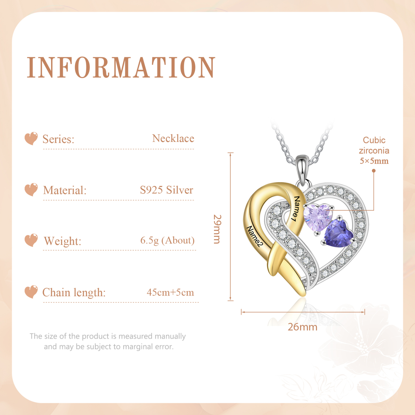 925 Sterling Silber Personalisierte 2 Namen & Geburtssteine Herz mit Herzen elegante Damen Halskette mit Zirkonia