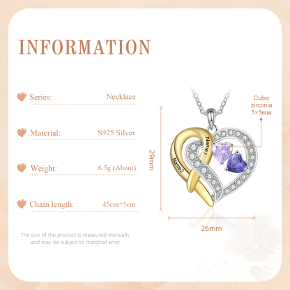925 Sterling Silber Personalisierte 2 Namen & Geburtssteine Herz mit Herzen elegante Damen Halskette mit Zirkonia 