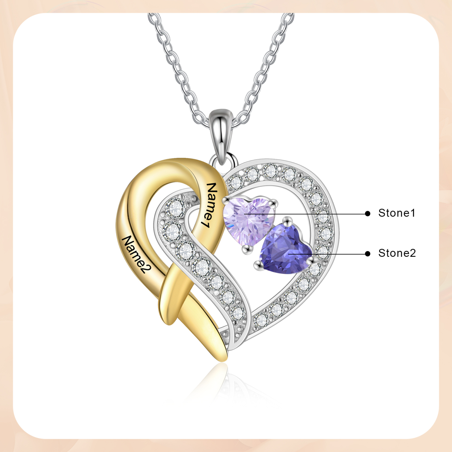 925 Sterling Silber Personalisierte 2 Namen & Geburtssteine Herz mit Herzen elegante Damen Halskette mit Zirkonia