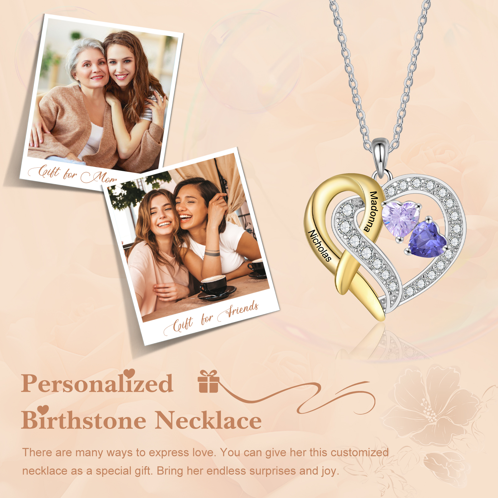 925 Sterling Silber Personalisierte 2 Namen & Geburtssteine Herz mit Herzen elegante Damen Halskette mit Zirkonia 