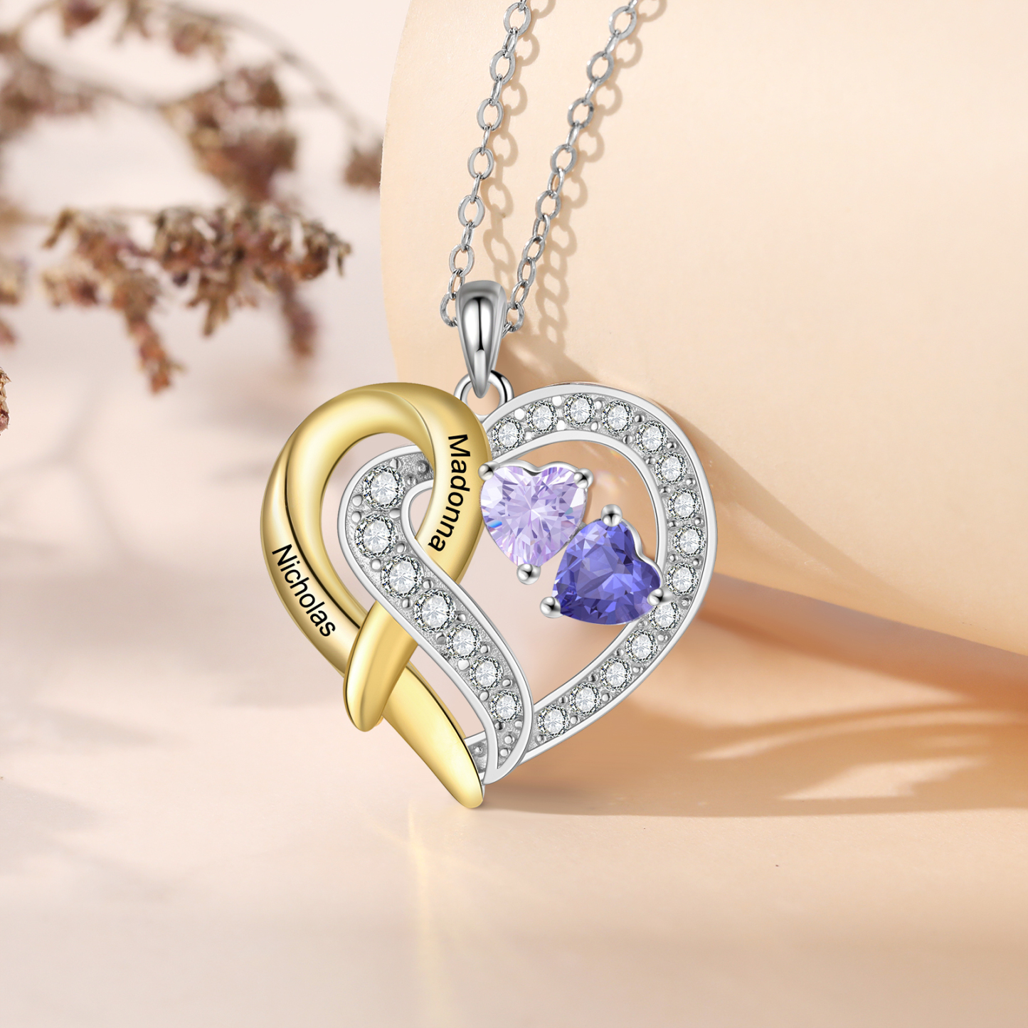 925 Sterling Silber Personalisierte 2 Namen & Geburtssteine Herz mit Herzen elegante Damen Halskette mit Zirkonia