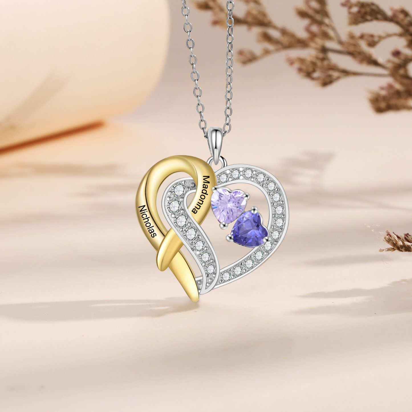 925 Sterling Silber Personalisierte 2 Namen & Geburtssteine Herz mit Herzen elegante Damen Halskette mit Zirkonia