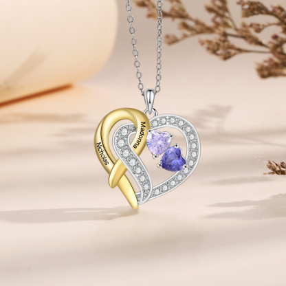 925 Sterling Silber Personalisierte 2 Namen & Geburtssteine Herz mit Herzen elegante Damen Halskette mit Zirkonia 