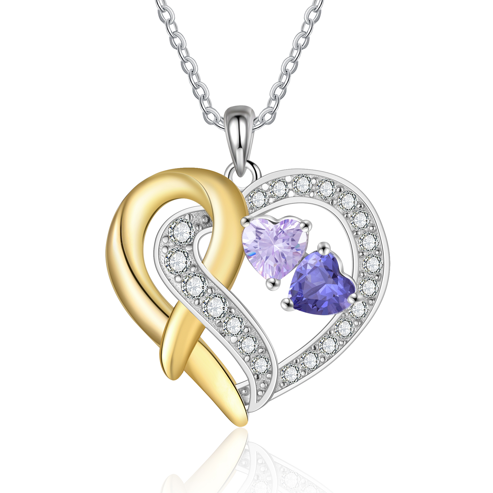 925 Sterling Silber Personalisierte 2 Namen & Geburtssteine Herz mit Herzen elegante Damen Halskette mit Zirkonia 