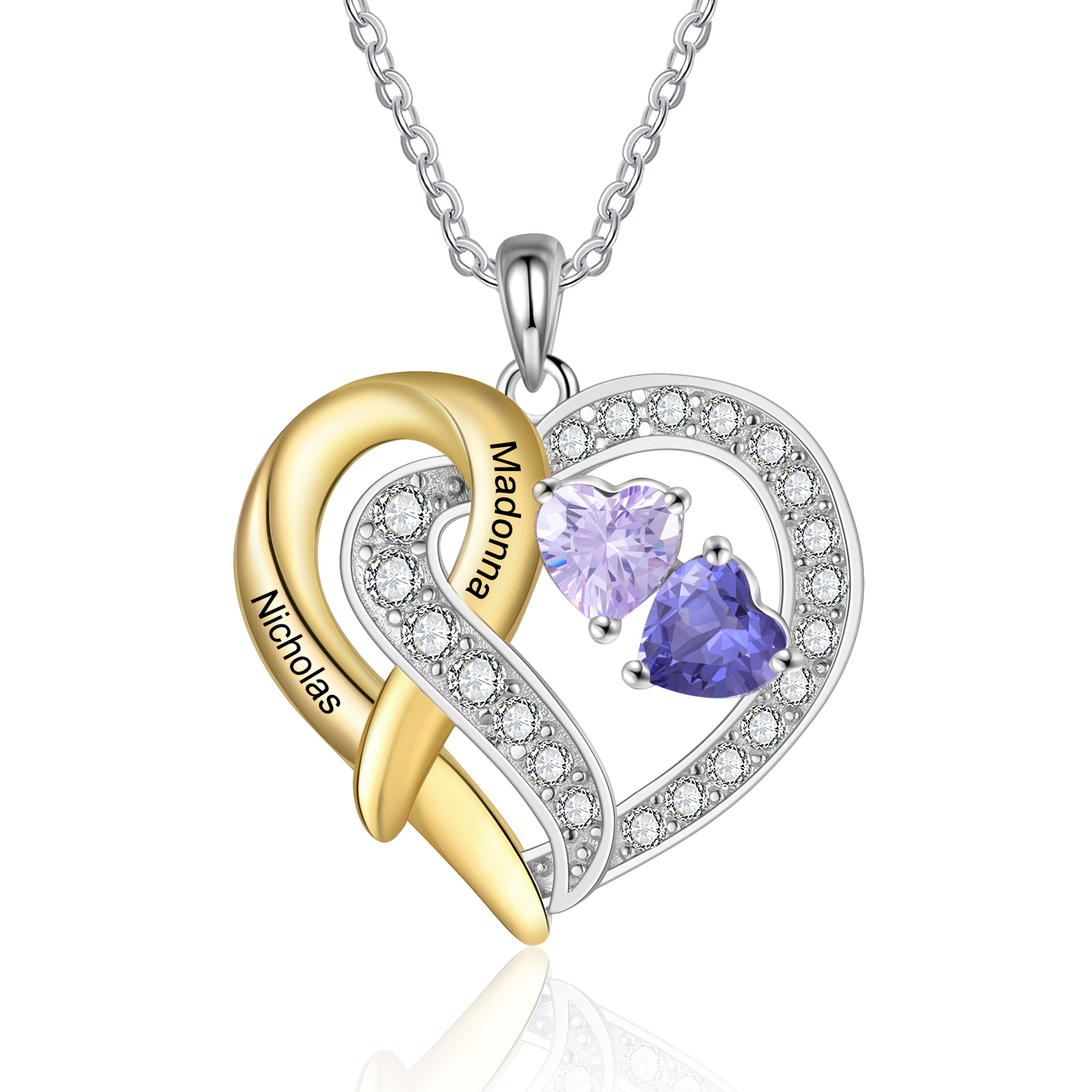 925 Sterling Silber Personalisierte 2 Namen & Geburtssteine Herz mit Herzen elegante Damen Halskette mit Zirkonia 