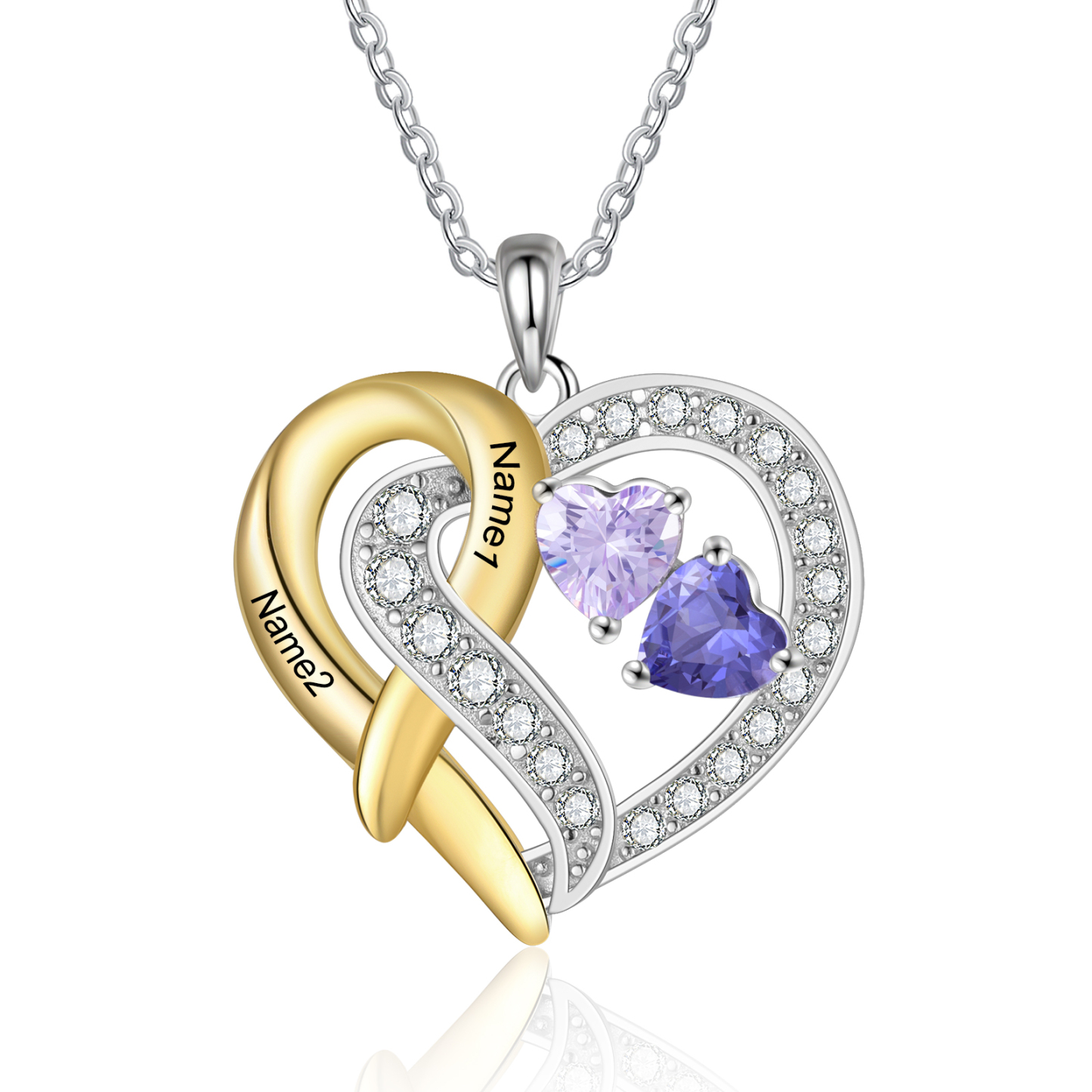 925 Sterling Silber Personalisierte 2 Namen & Geburtssteine Herz mit Herzen elegante Damen Halskette mit Zirkonia 