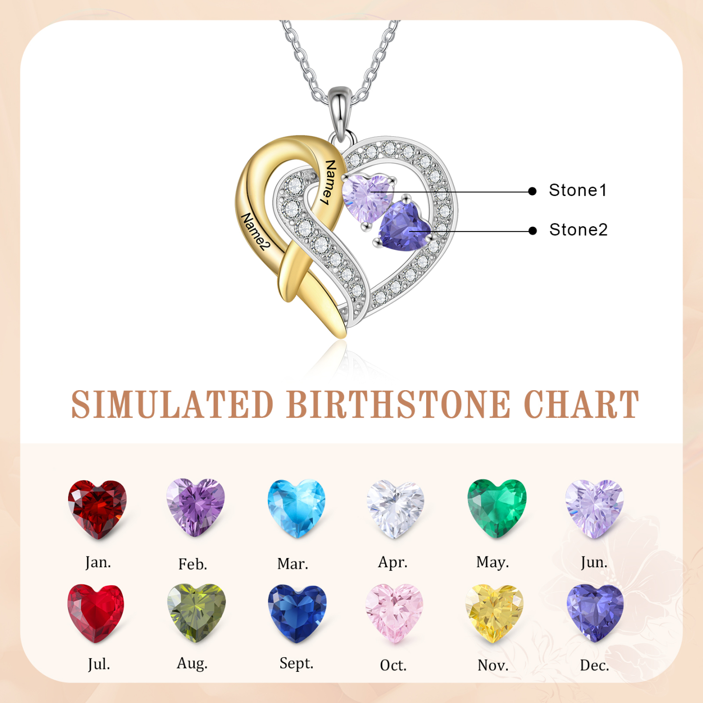 925 Sterling Silber Personalisierte 2 Namen & Geburtssteine Herz mit Herzen elegante Damen Halskette mit Zirkonia