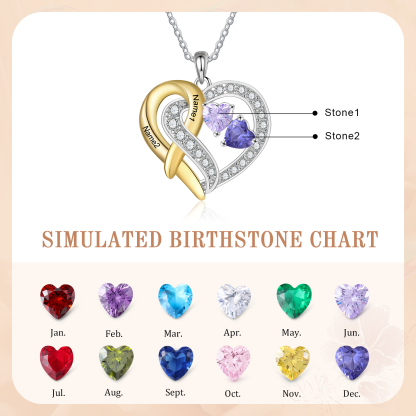 925 Sterling Silber Personalisierte 2 Namen & Geburtssteine Herz mit Herzen elegante Damen Halskette mit Zirkonia 
