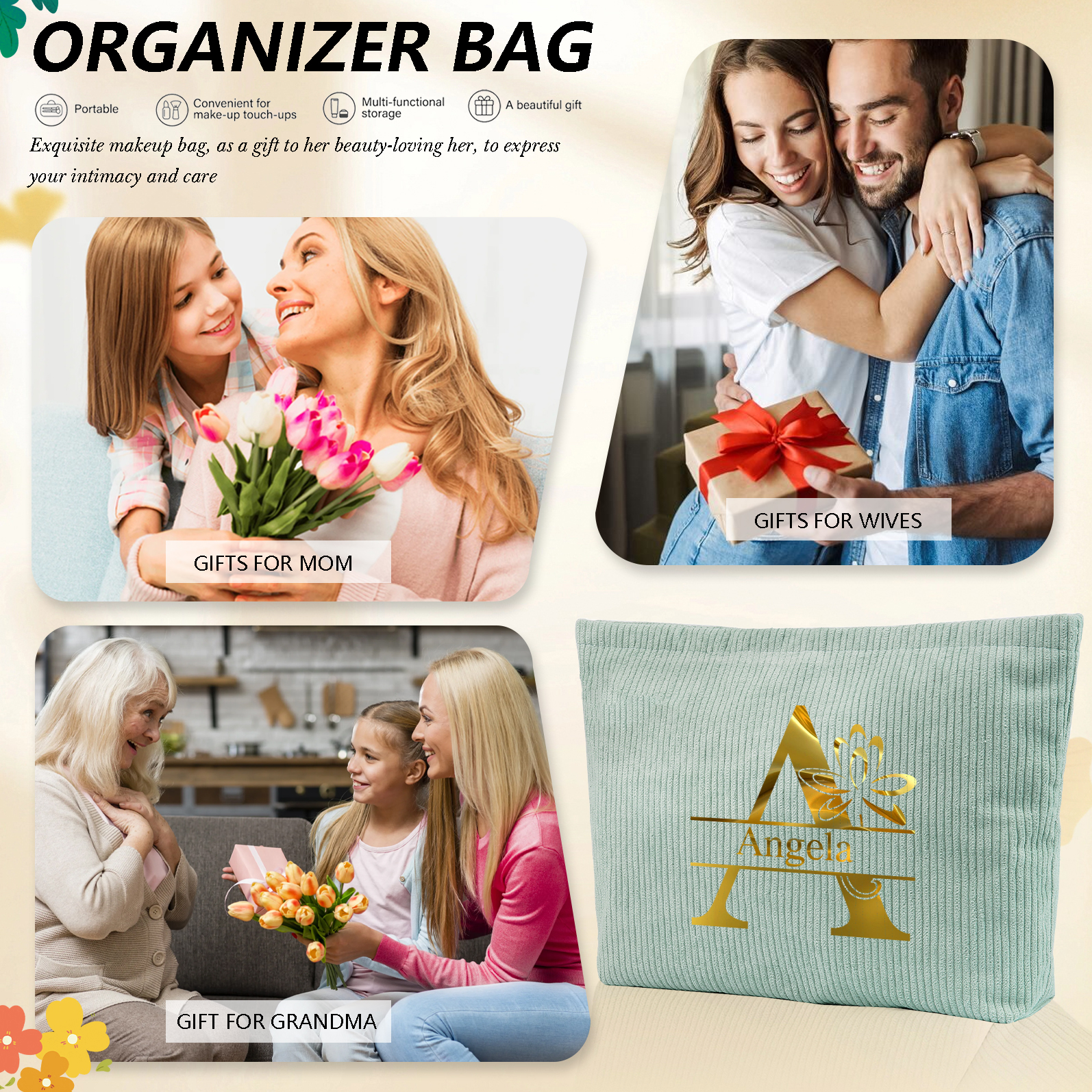 Personalisierter 1 Name & Buchstabe Kord Schminktasche in 4 Farben