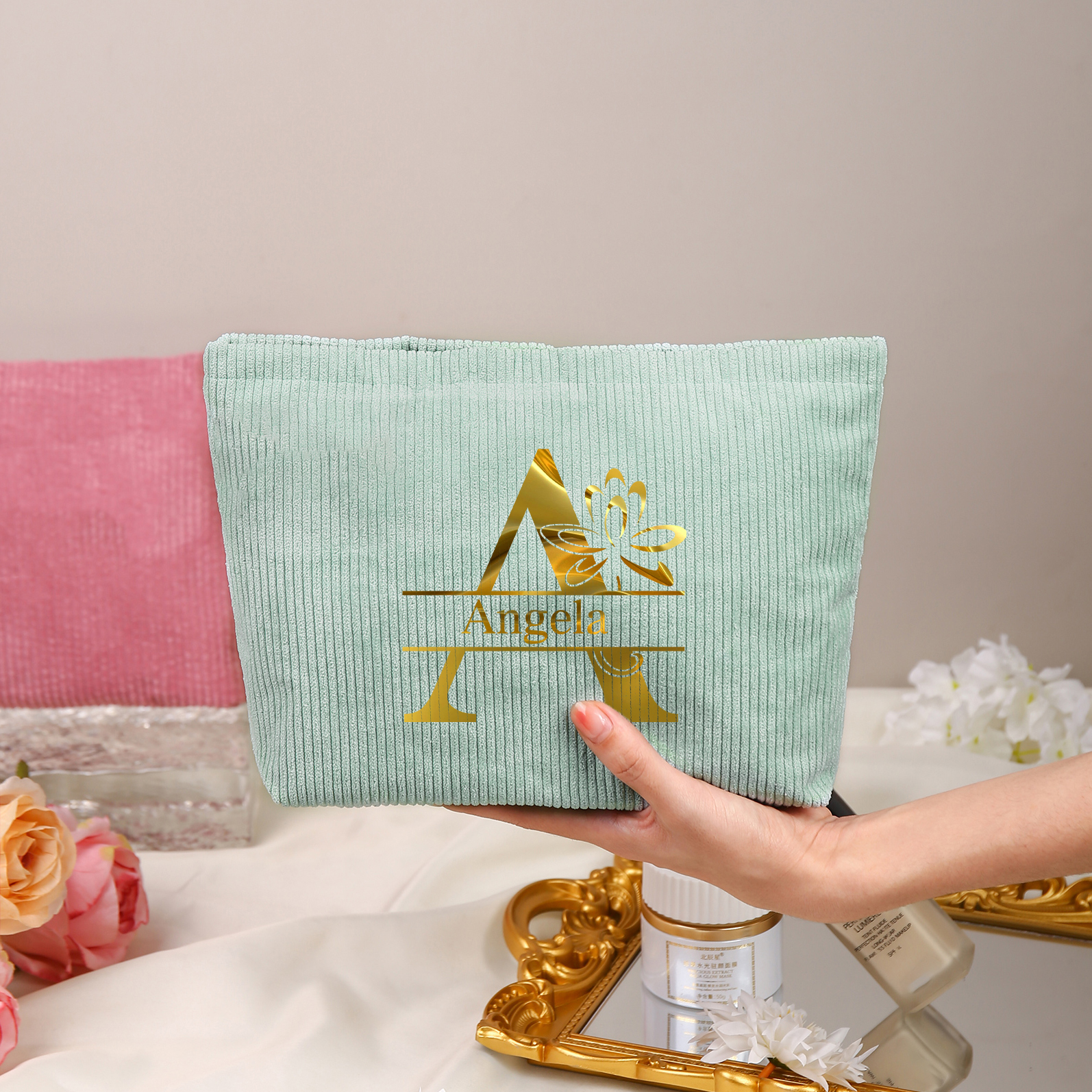 Personalisierter 1 Name & Buchstabe Kord Schminktasche in 4 Farben