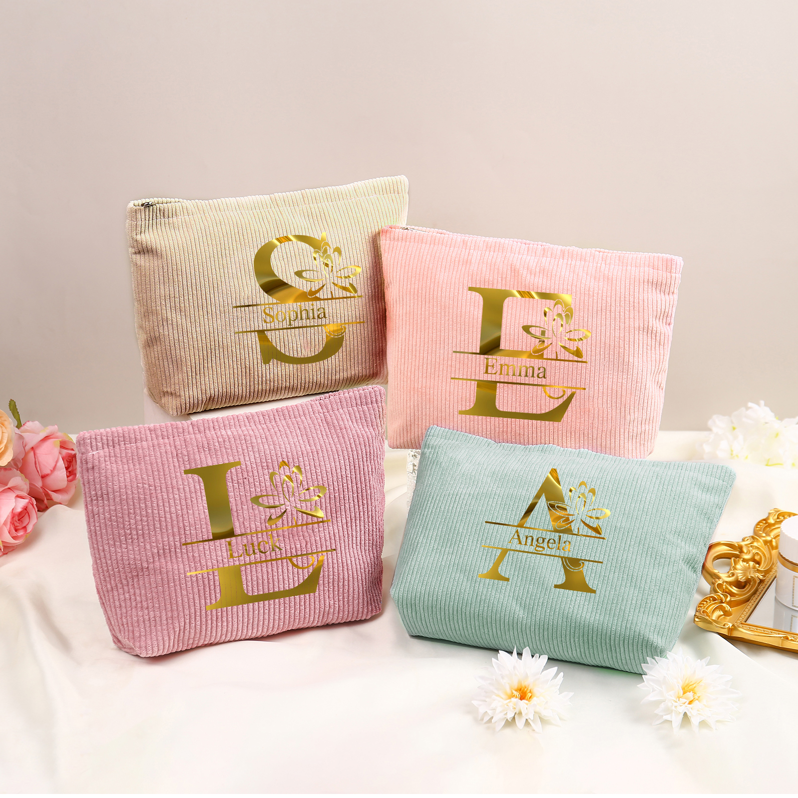 Personalisierter 1 Name & Buchstabe Kord Schminktasche in 4 Farben