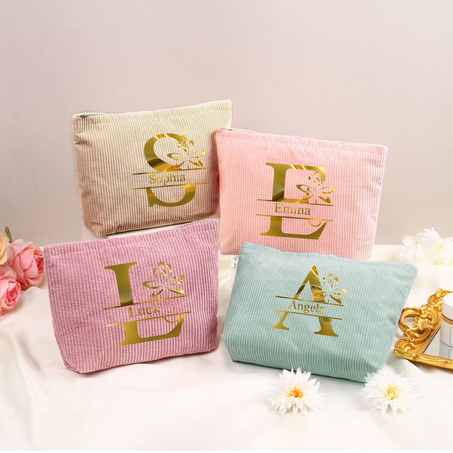 Personalisierter 1 Name & Buchstabe Kord Schminktasche in 4 Farben