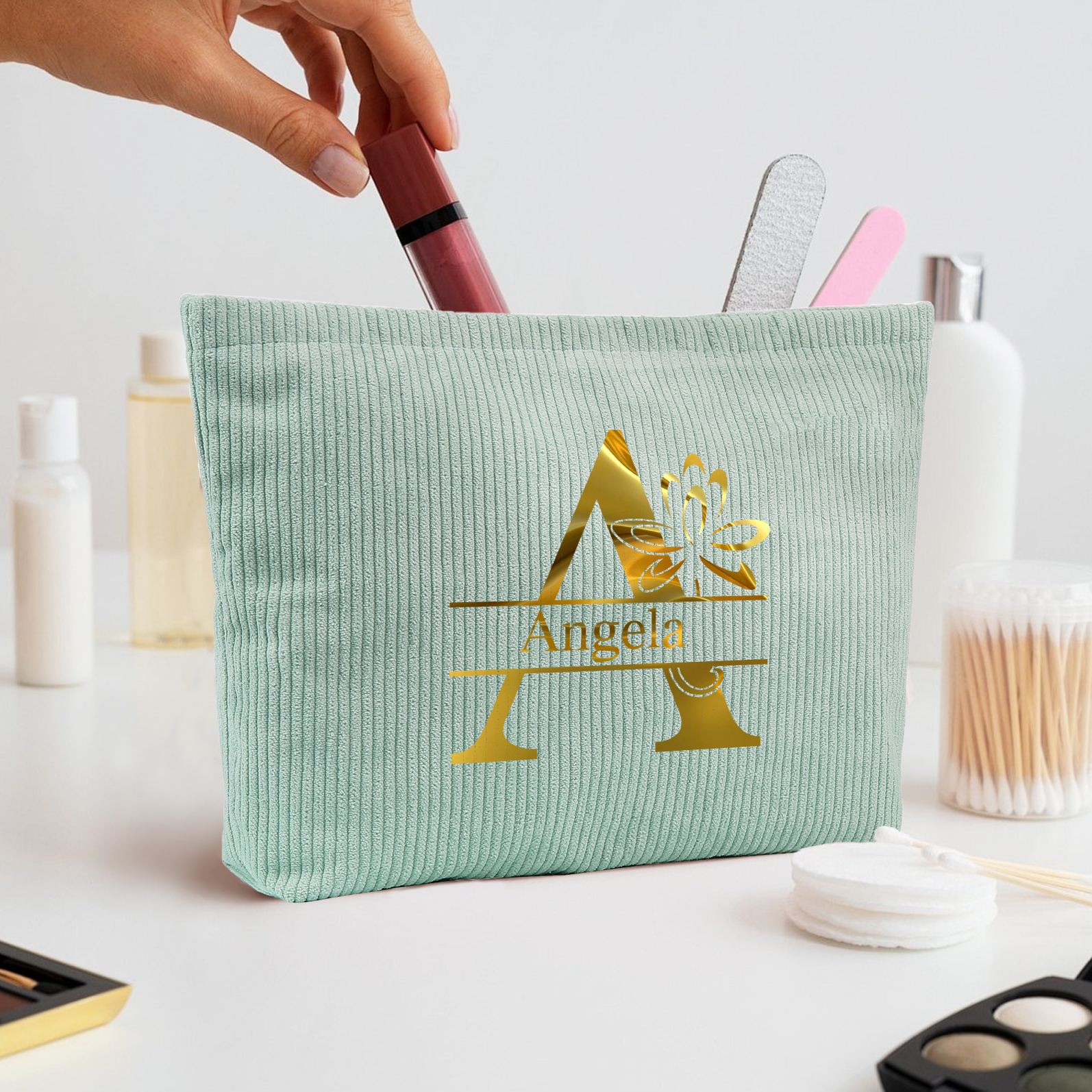 Personalisierter 1 Name & Buchstabe Kord Schminktasche in 4 Farben