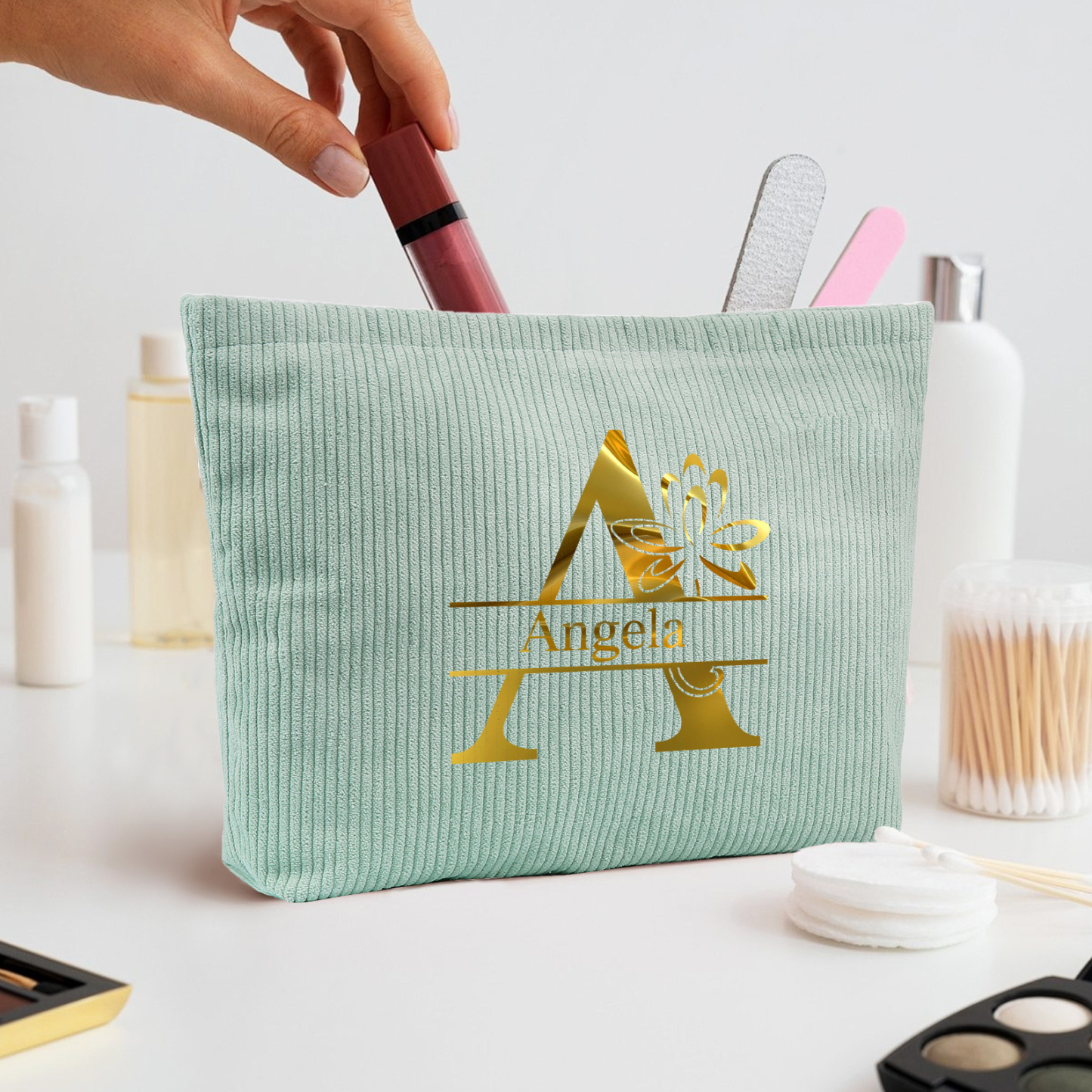 Personalisierter 1 Name & Buchstabe Kord Schminktasche in 4 Farben