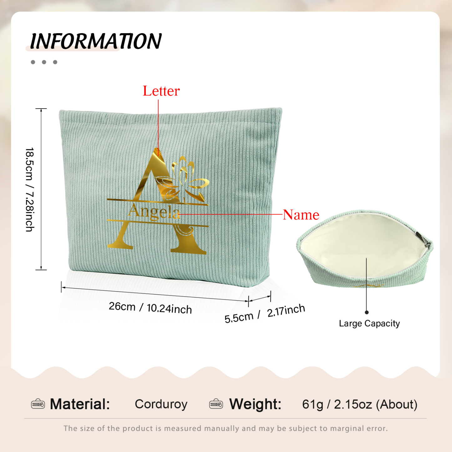 Personalisierter 1 Name & Buchstabe Kord Schminktasche in 4 Farben