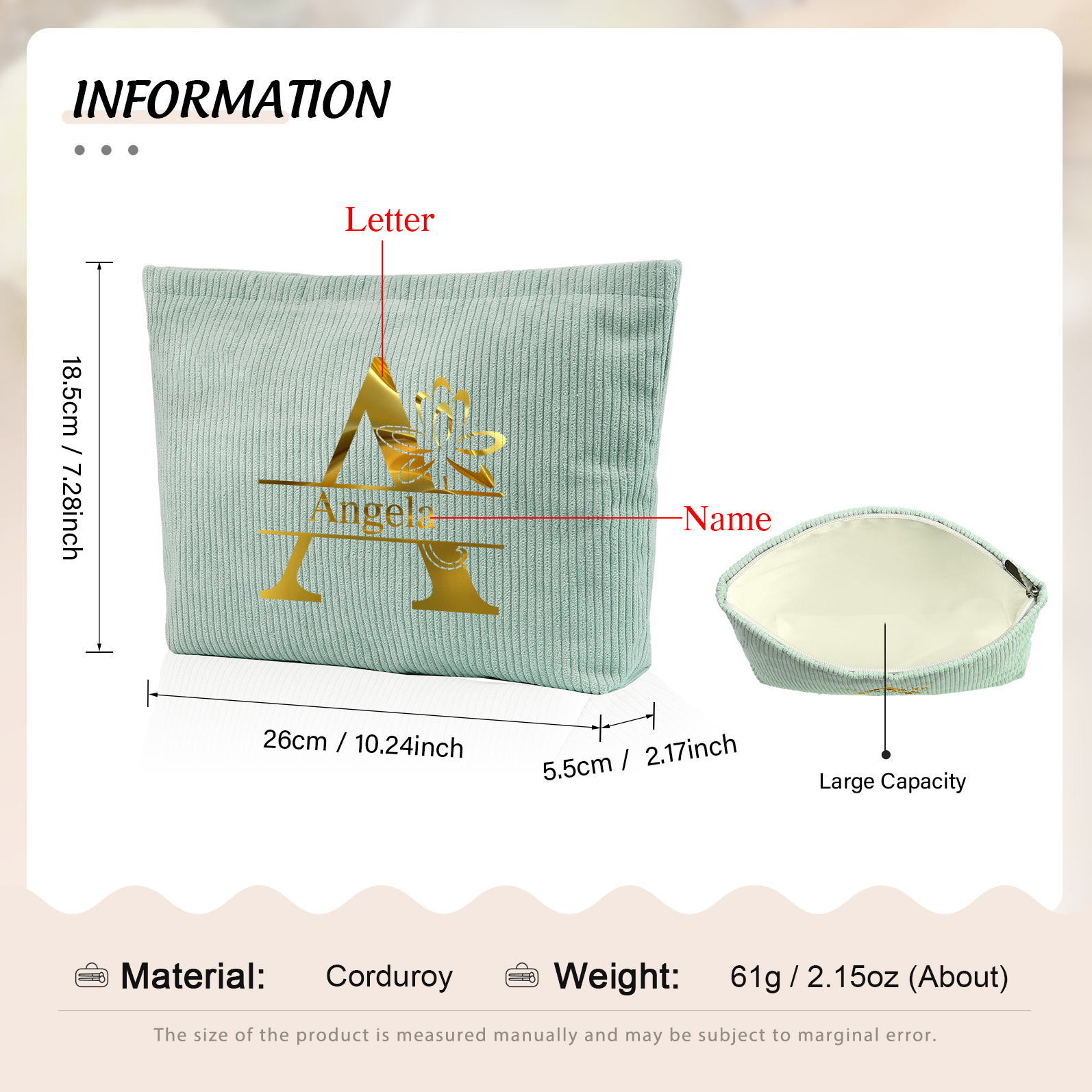 Personalisierter 1 Name & Buchstabe Kord Schminktasche in 4 Farben