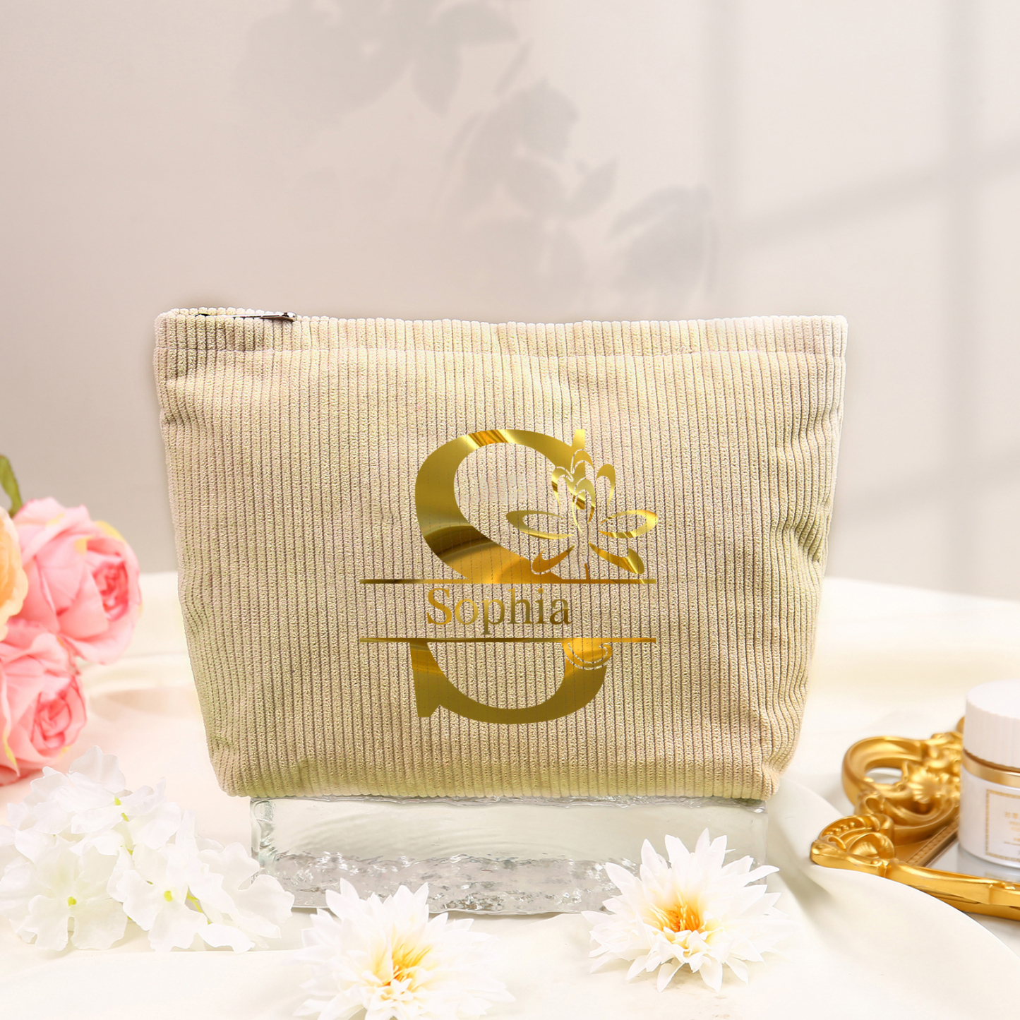 Personalisierter 1 Name & Buchstabe Kord Schminktasche in 4 Farben