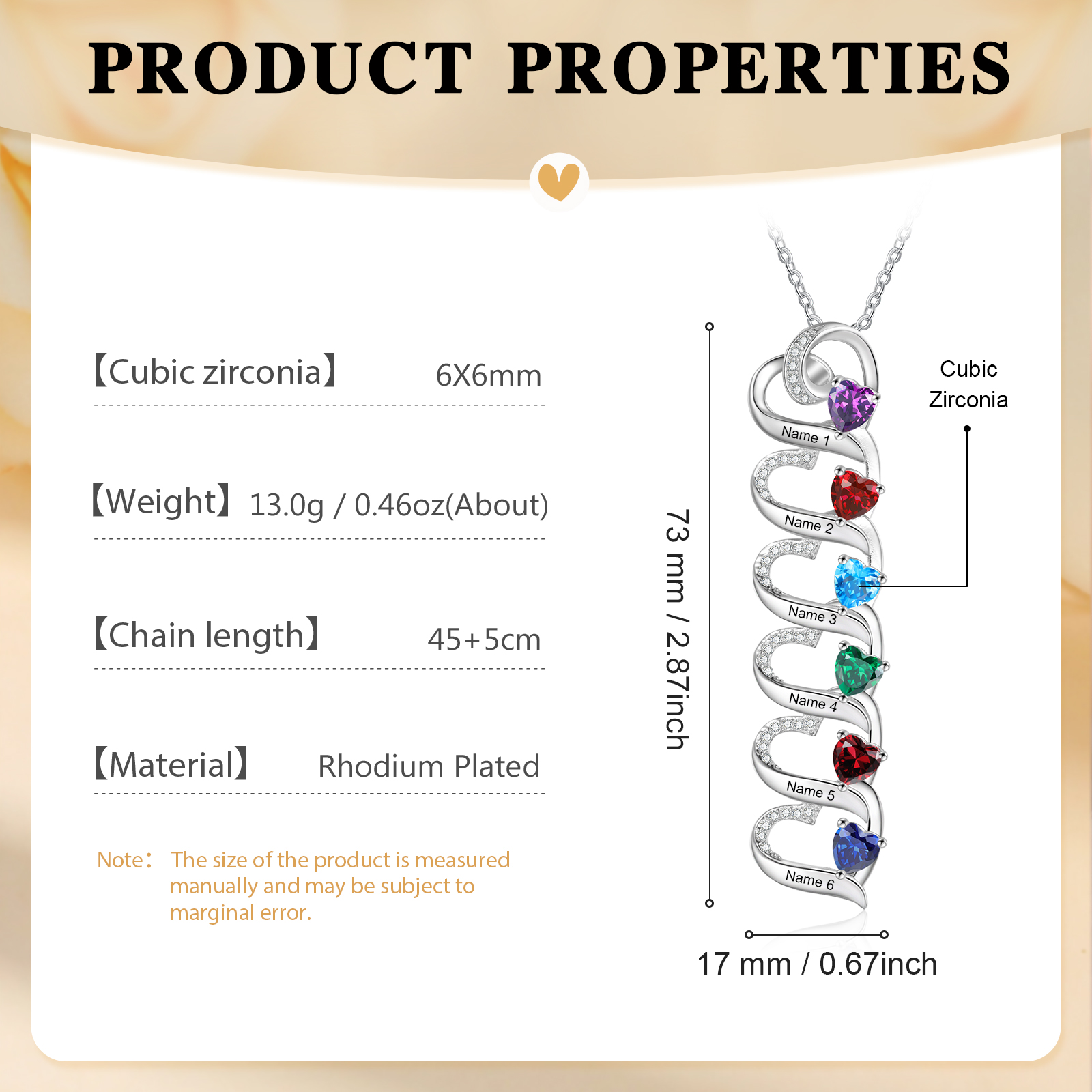 Personalisierte 1/6 Namen & 1/6 Geburtssteinen Silberne Herz-Halskette mit Zirkonia