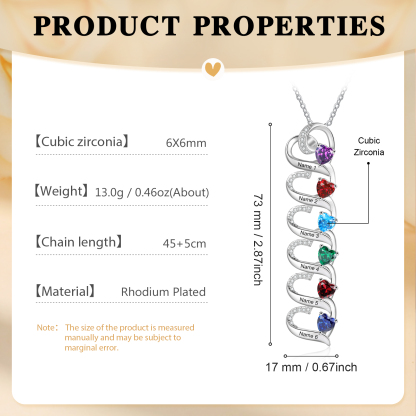 Personalisierte 1/6 Namen & 1/6 Geburtssteinen Silberne Herz-Halskette mit Zirkonia