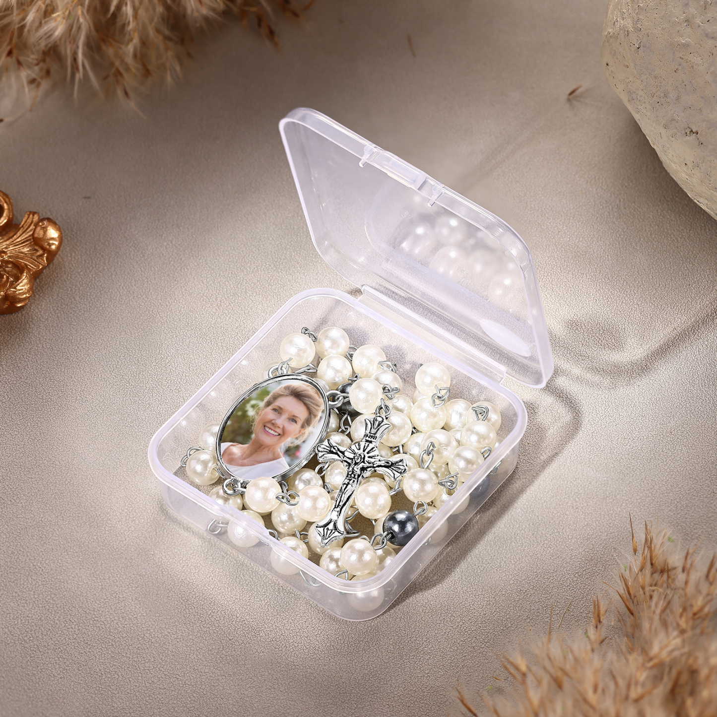 Personalisiertes Foto Perlen Halskette mit Kreuz in 4 Farben erhältlich