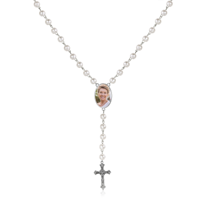 Personalisiertes Foto Perlen Halskette mit Kreuz in 4 Farben erhältlich
