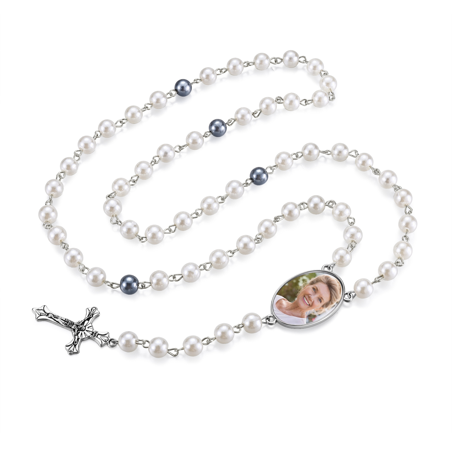Personalisiertes Foto Perlen Halskette mit Kreuz in 4 Farben erhältlich
