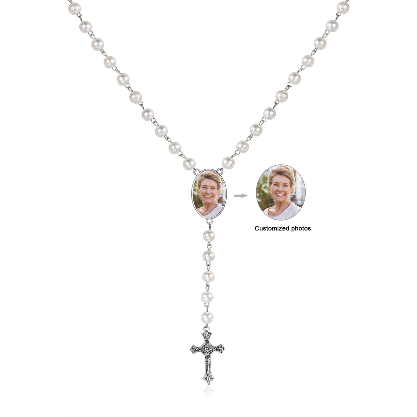 Personalisiertes Foto Perlen Halskette mit Kreuz in 4 Farben erhältlic