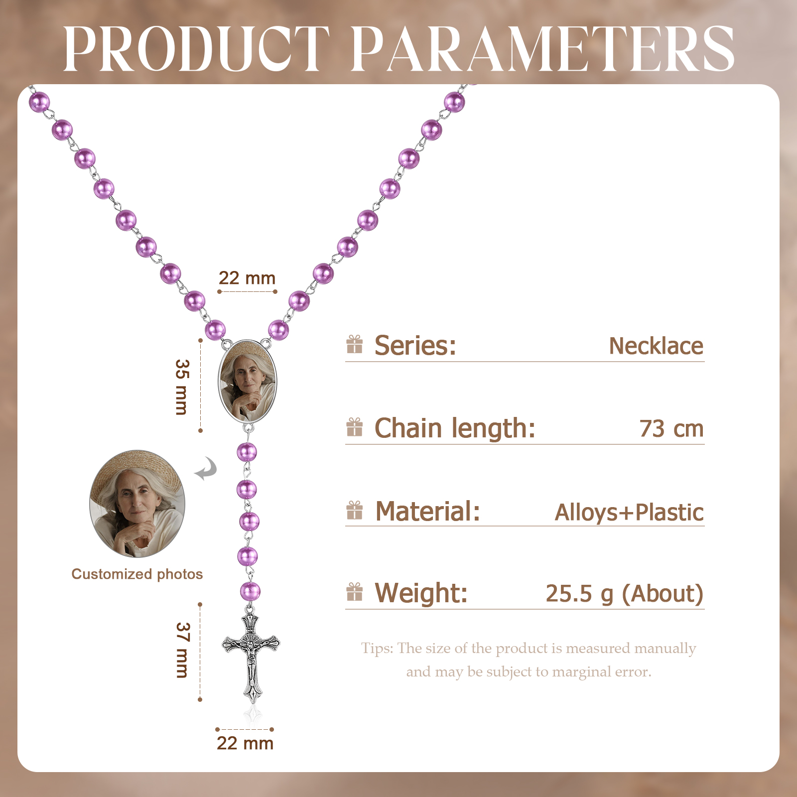 Personalisiertes Foto Perlen Halskette mit Kreuz in 4 Farben erhältlich