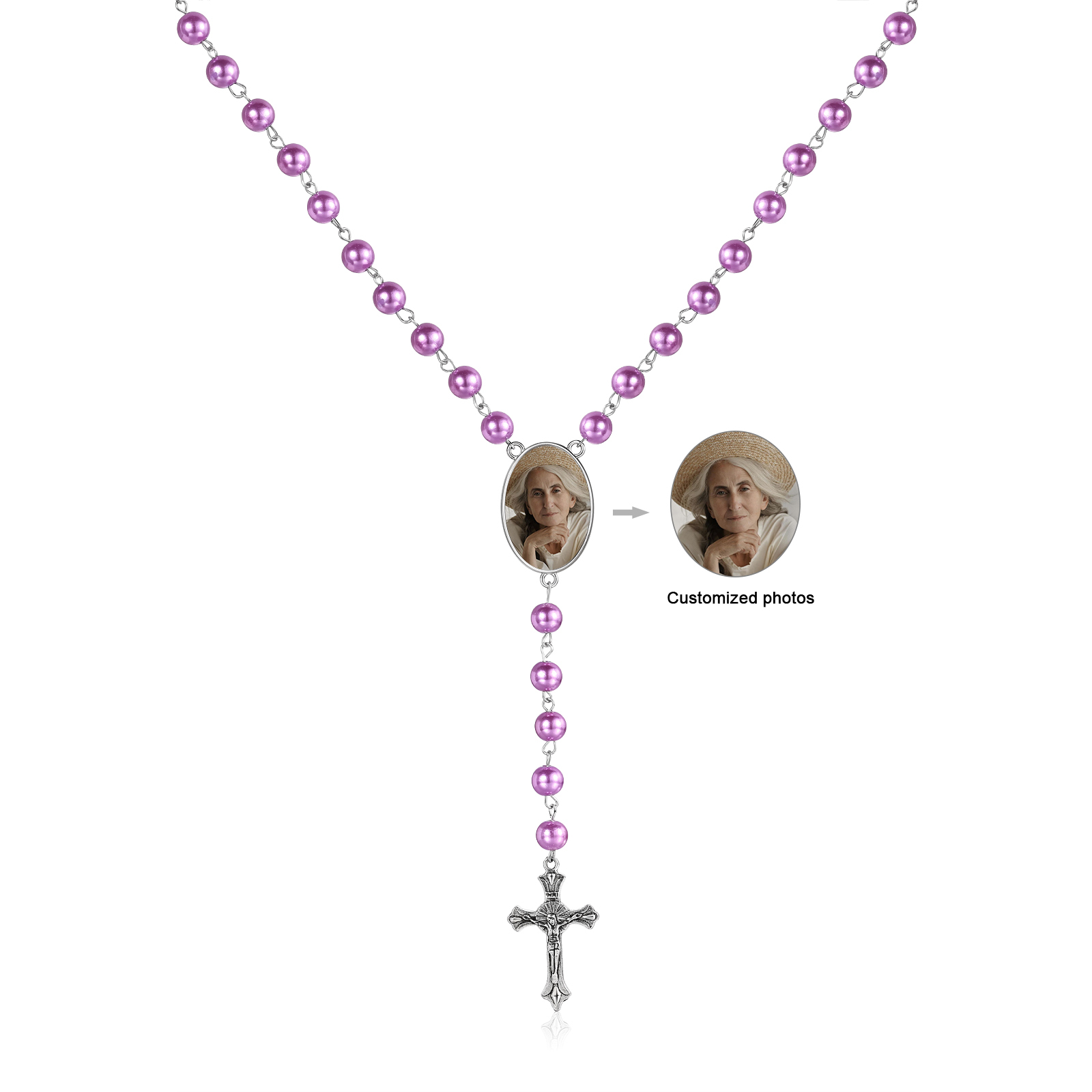 Personalisiertes Foto Perlen Halskette mit Kreuz in 4 Farben erhältlich