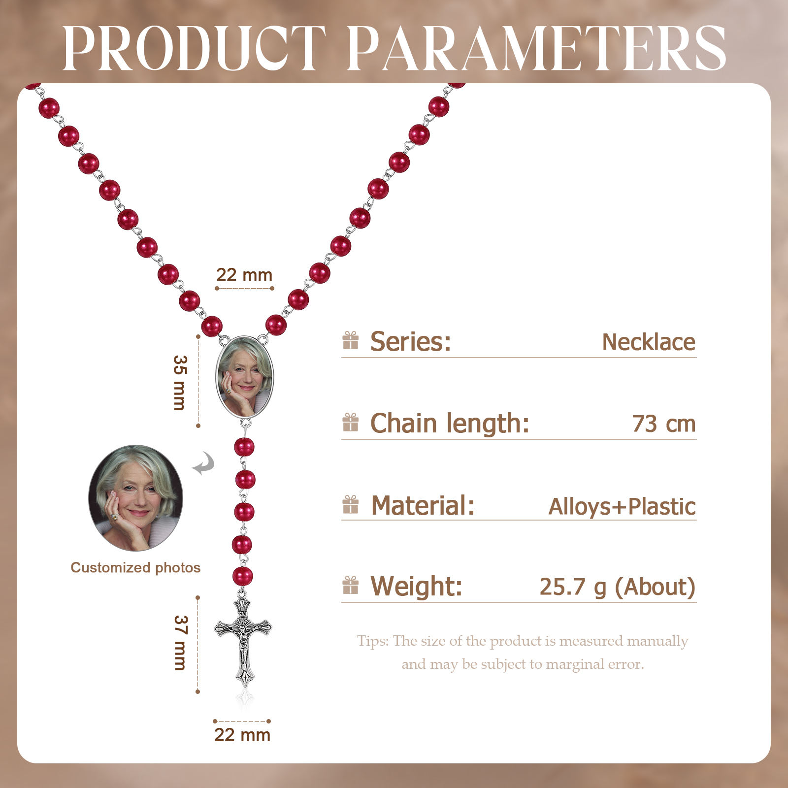 Personalisiertes Foto Perlen Halskette mit Kreuz in 4 Farben erhältlich