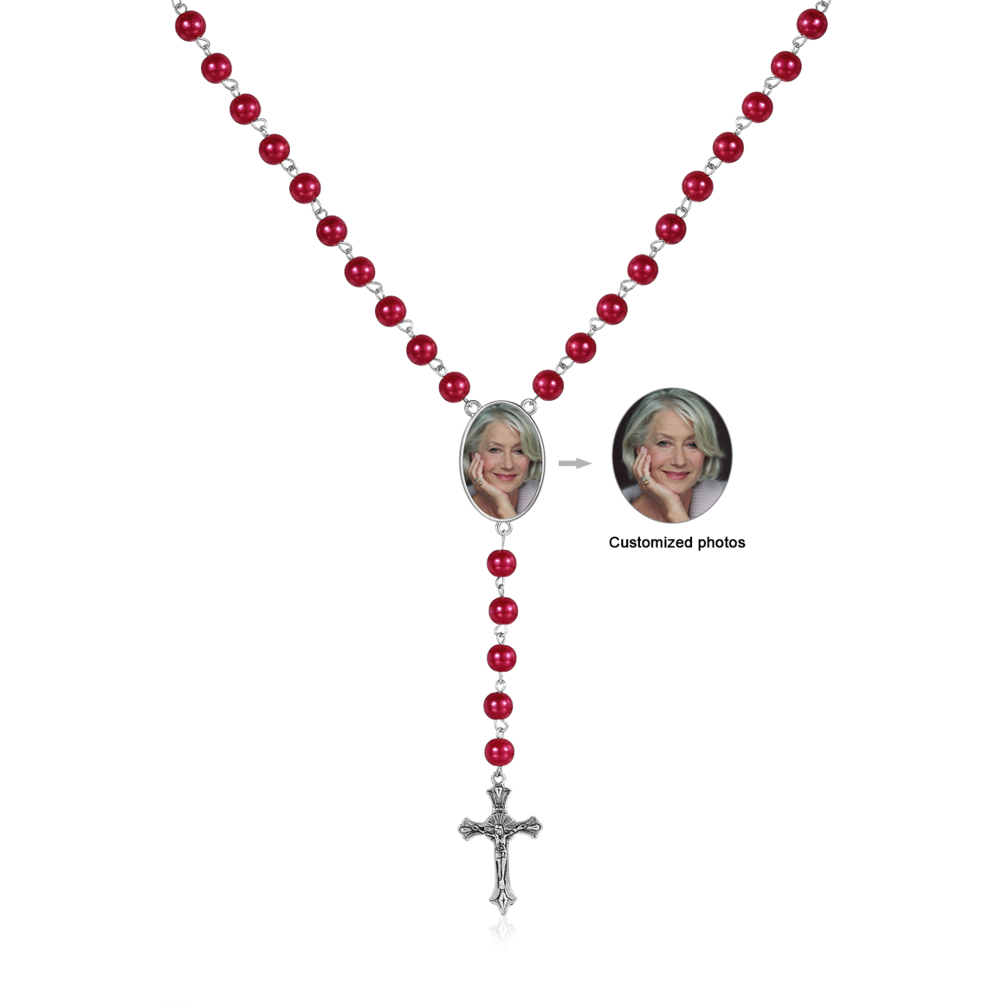 Personalisiertes Foto Perlen Halskette mit Kreuz in 4 Farben erhältlich