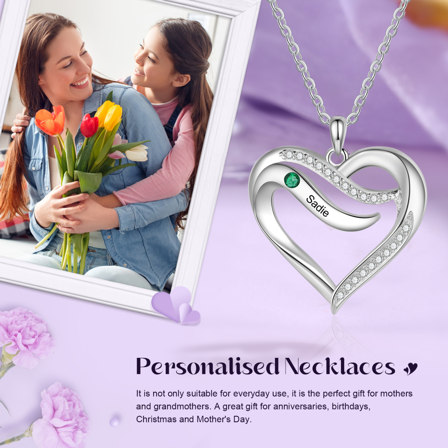 925 Sterling Silber Personalisierte 1/6 Namen & 1/6 Geburtssteinen Herz Halskette mit Zirkonia