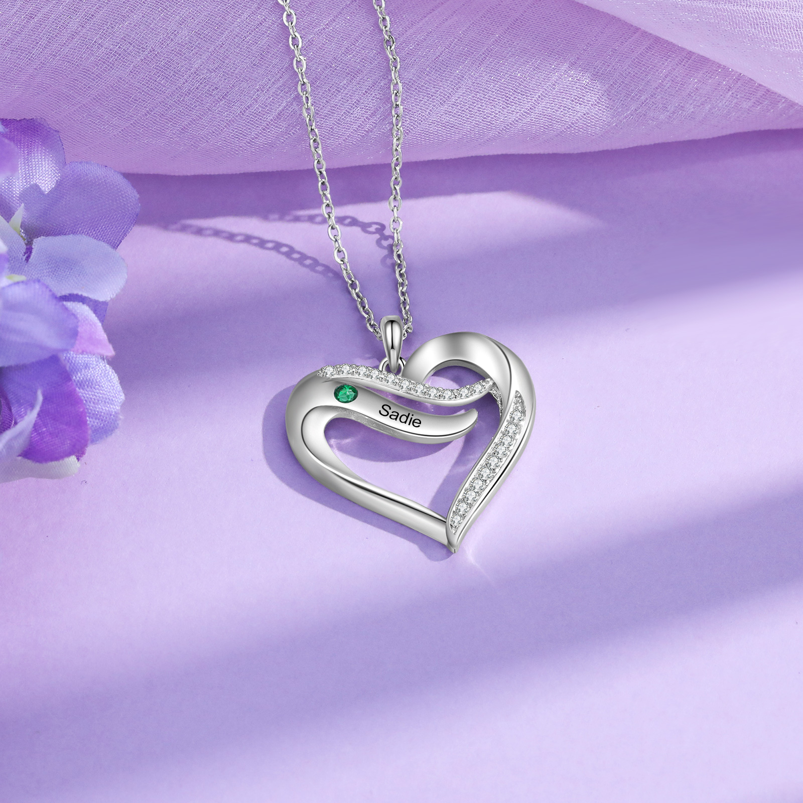 925 Sterling Silber Personalisierte 1/6 Namen & 1/6 Geburtssteinen Herz Halskette mit Zirkonia