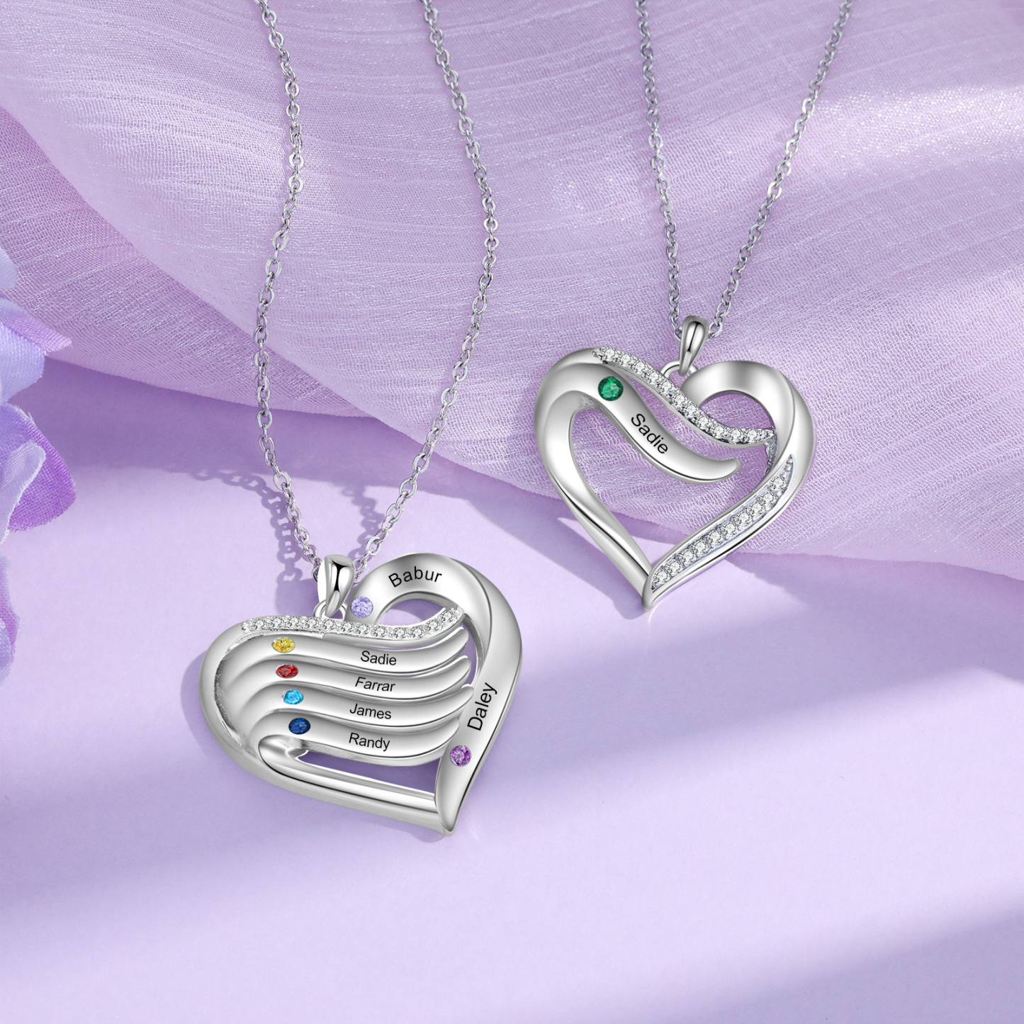 925 Sterling Silber Personalisierte 1/6 Namen & 1/6 Geburtssteinen Herz Halskette mit Zirkonia