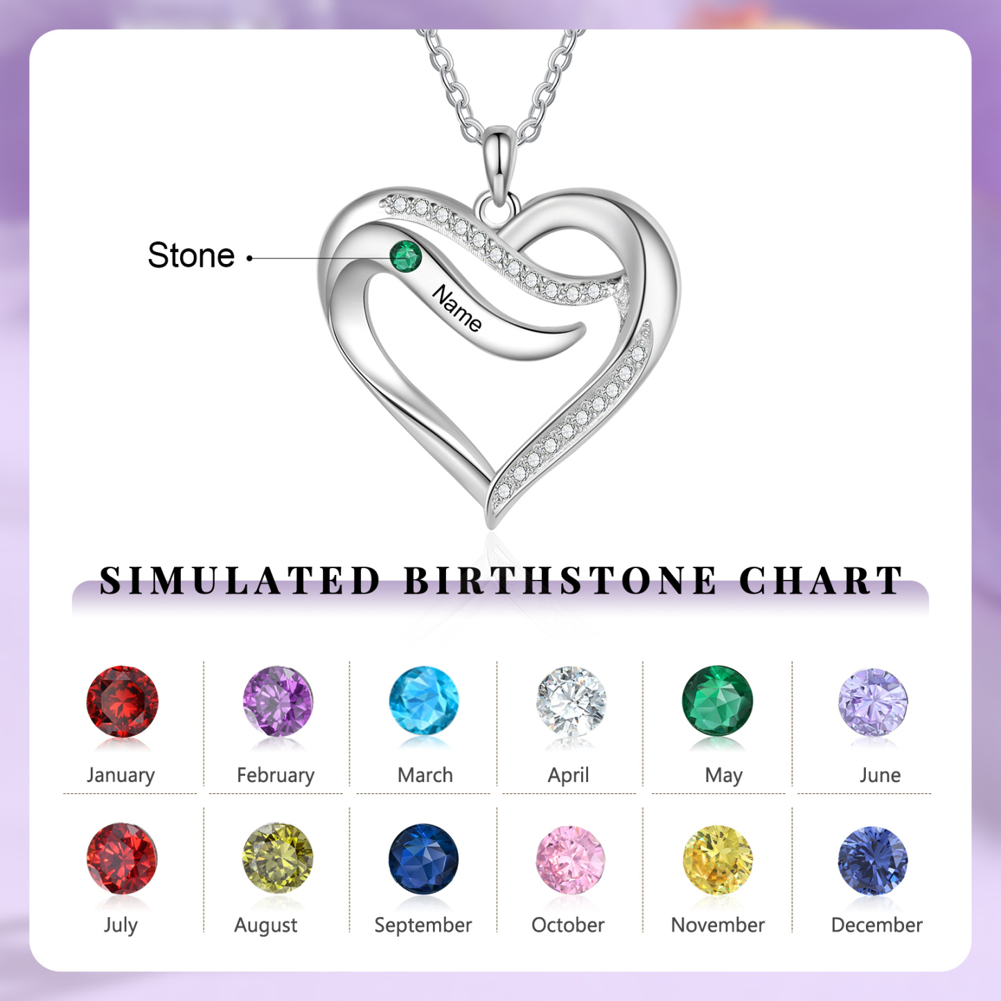 925 Sterling Silber Personalisierte 1/6 Namen & 1/6 Geburtssteinen Herz Halskette mit Zirkonia
