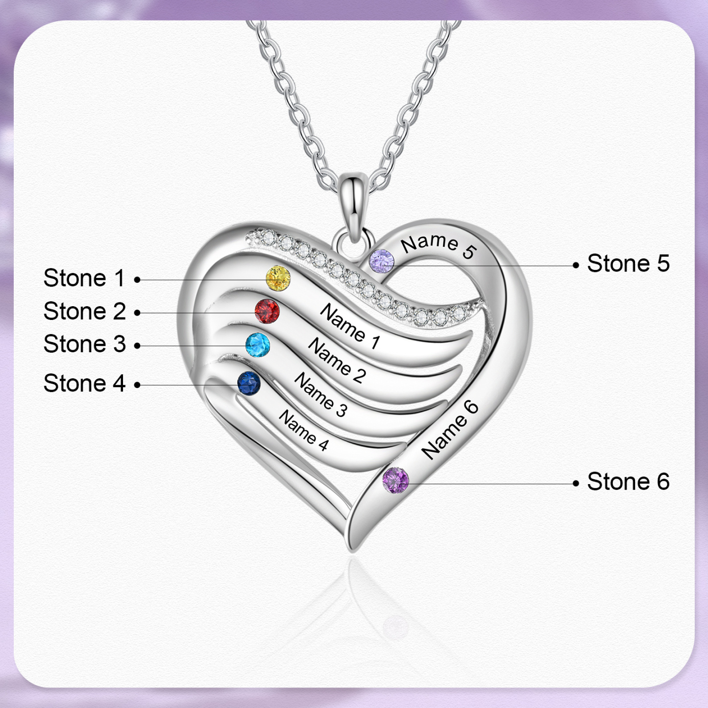 925 Sterling Silber Personalisierte 1/6 Namen & 1/6 Geburtssteinen Herz Halskette mit Zirkonia