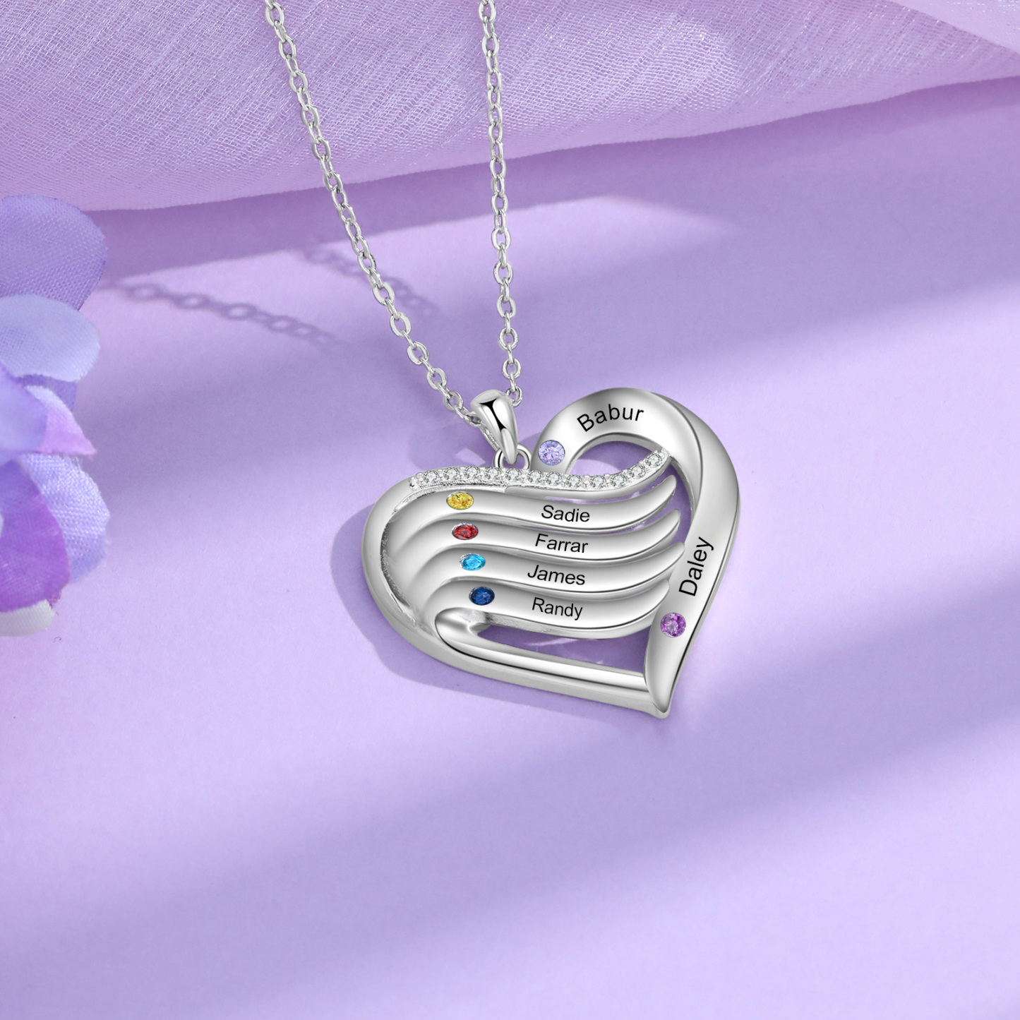 925 Sterling Silber Personalisierte 1/6 Namen & 1/6 Geburtssteinen Herz Halskette mit Zirkonia